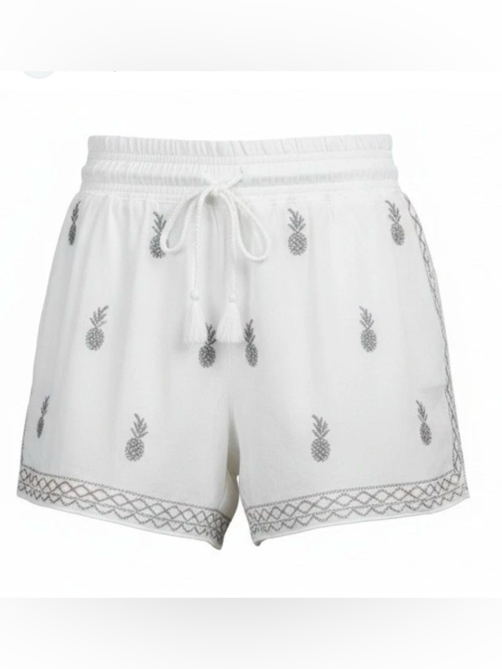 J.Crew Women's White Silver Metallic Embroidered Pineapple Shorts Gauzy Cotton M